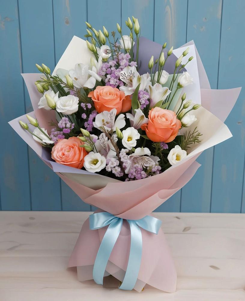 Букет цветов из: Лизиантусы, Розы, Альстромерии и Гипсофила в Мишеронский