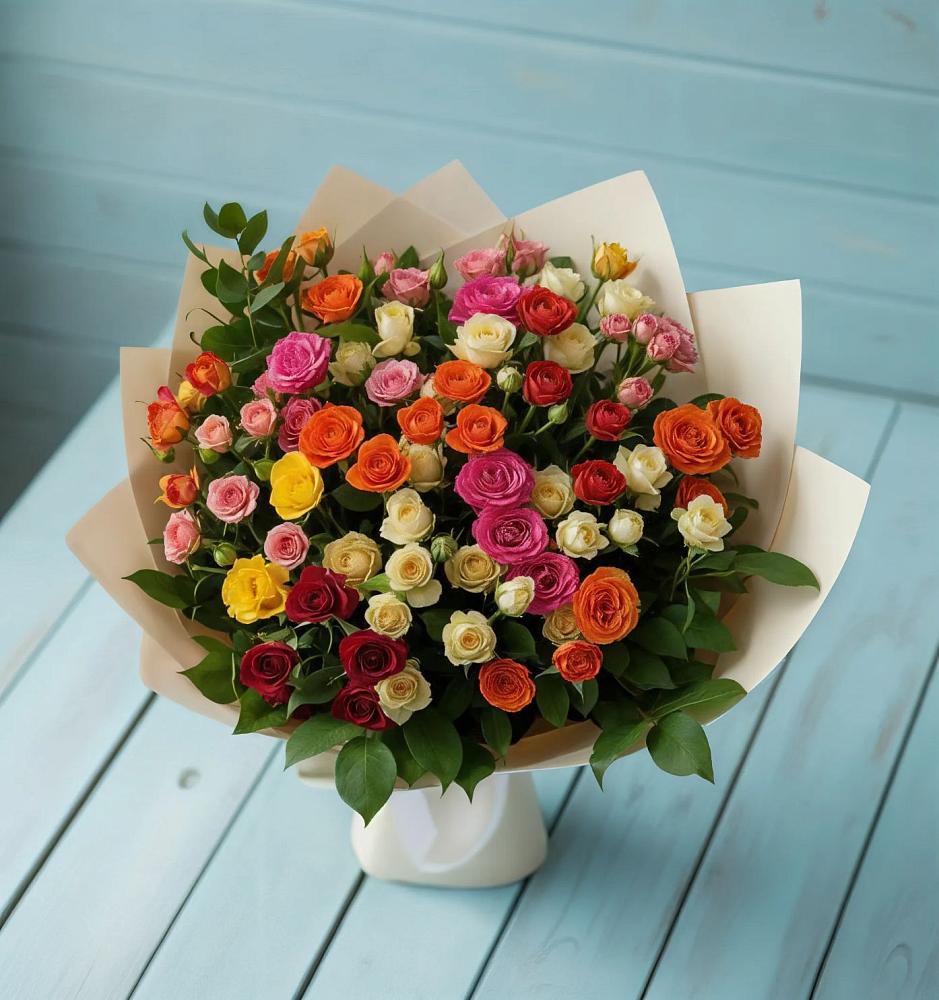 Букет Микс из разноцветных кустовых роз в Мишеронский