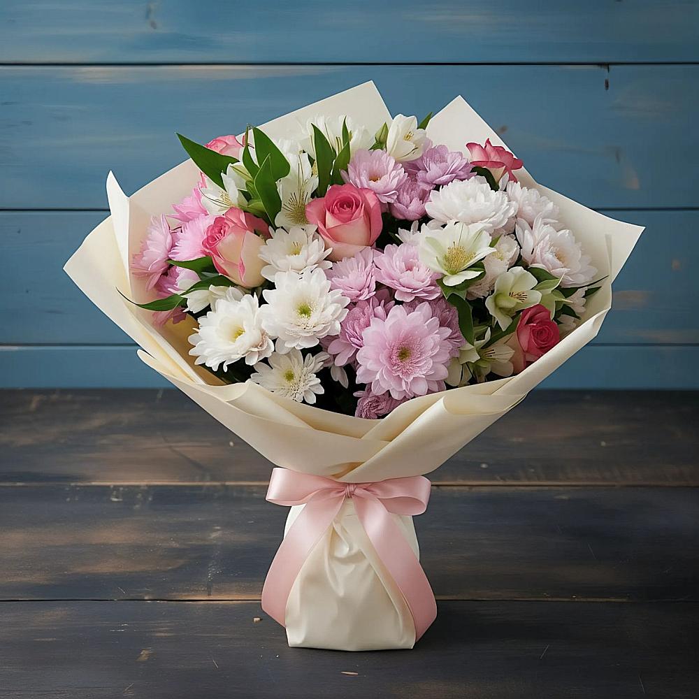 Букет цветов из: Хризантемы, Альстромерии и Розы в Мишеронский